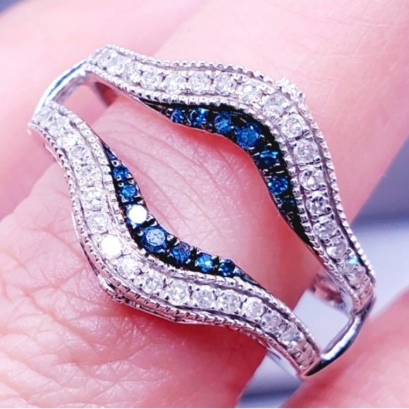 Jewelry - 10k Solid White Gold Genuine White & Blue Diamond Ring Guard